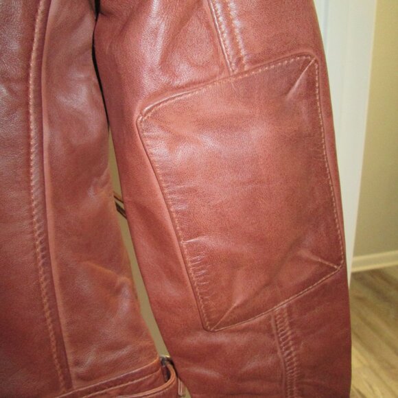 Cognac Leather Biker Style Jacket - Quilted Shoulder Sz S - Picture 7 of 12